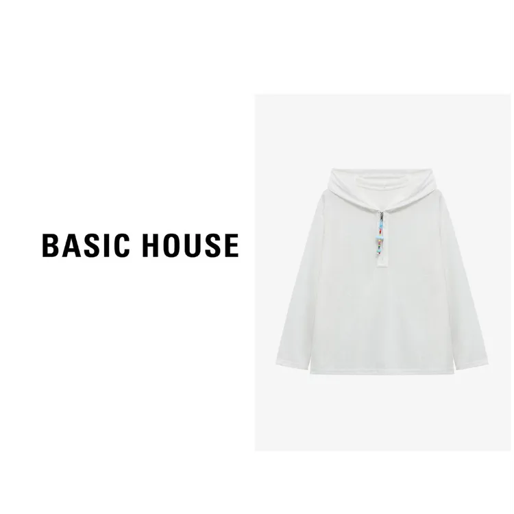 Basic House/百家好蕾丝工艺设计感休闲连帽长袖T恤B0625B5IQD2