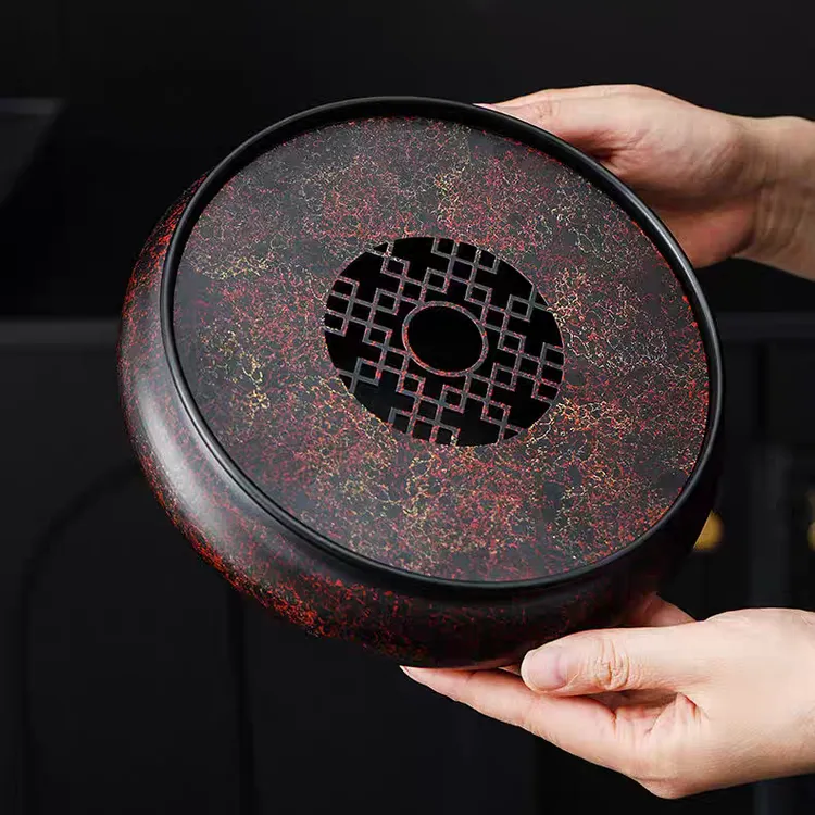 漆彩老铁壶承大号高级家用茶渣缸圆形茶托盘干泡台功夫茶具配件
