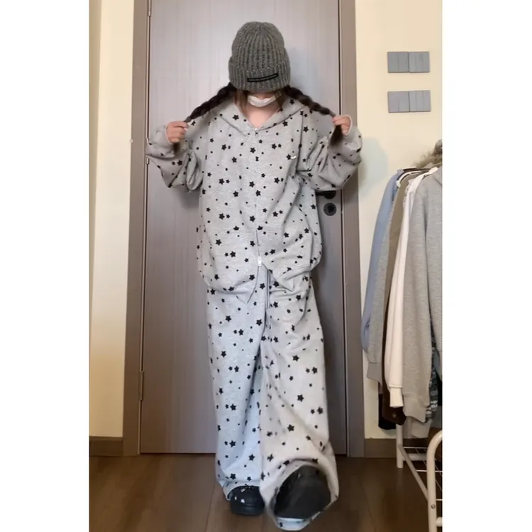 兔耳朵连帽星星印花睡衣女2025新款大码长袖长裤家居服套装可外穿