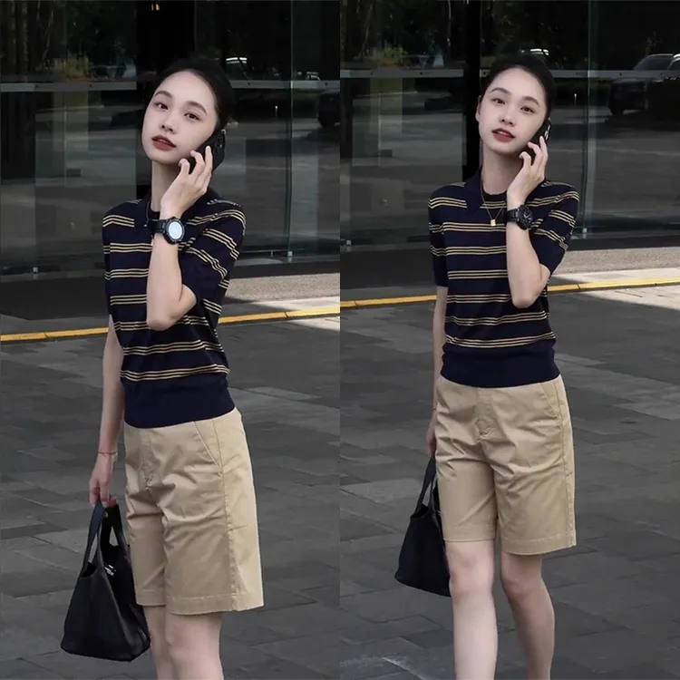 小个子韩系减龄洋气套装夏季新款针织短袖上衣高腰短裤显瘦两件套