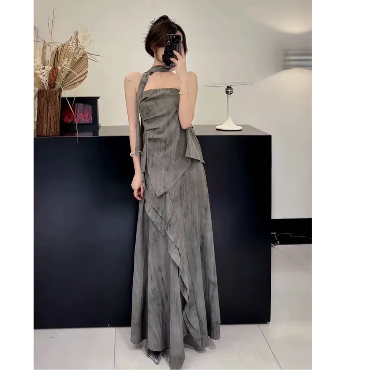 【嘎嘎推荐】复古气质韩系不规则长裙抹胸新中式时尚休闲风显瘦套装