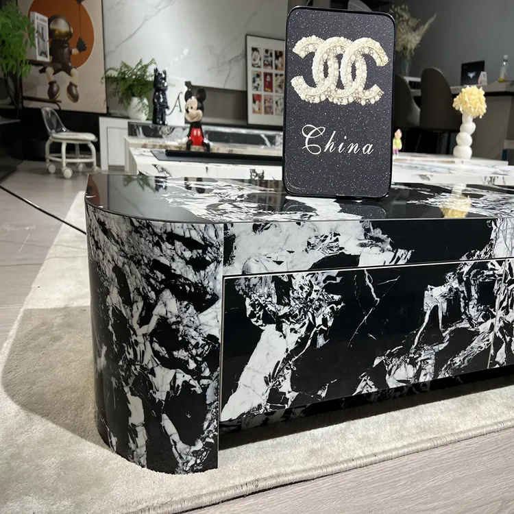 现代轻奢电视柜意式极简宝格丽黑带储物地台圆弧背景墙电视柜