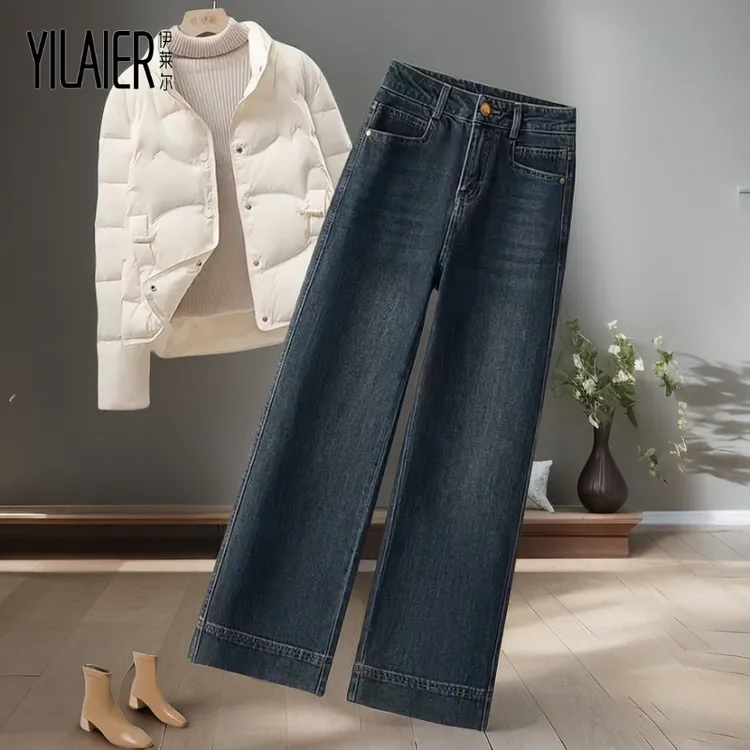 高腰加绒丹宁蓝牛仔裤女2025新款春秋梨型身材九分直筒阔腿裤休闲