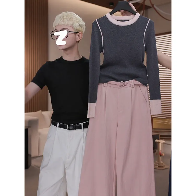 韩系撞色拼接圆领T恤长裤套装女秋新款时尚长袖打底衫上衣两件套