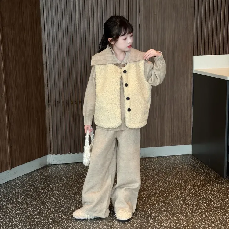 女童秋冬季2025新款中大童洋气毛毛马甲韩系加厚毛衣阔腿裤套装潮