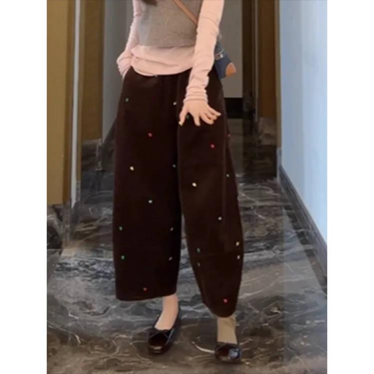 黑色爱心刺绣灯芯绒阔腿裤女秋冬季新款百搭宽松显瘦九分休闲裤子