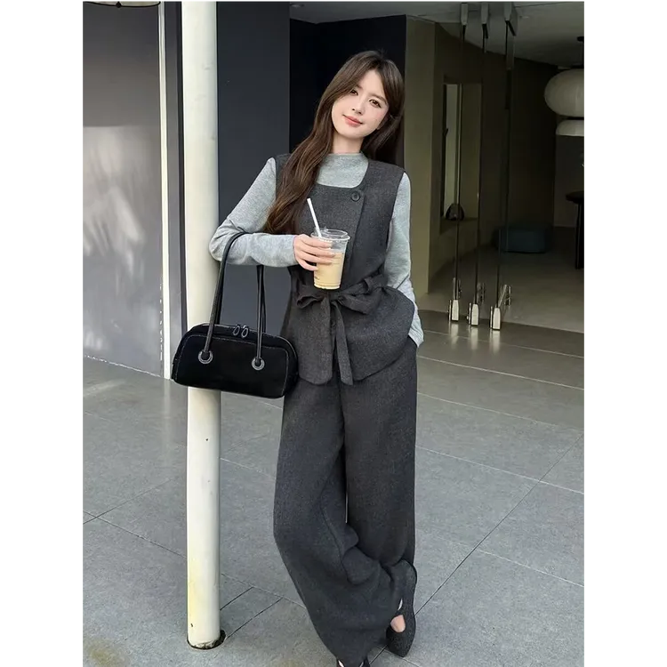 〈纪朵研〉1466高级感长袖马甲阔腿裤三件套女韩系早秋穿搭轻熟套装