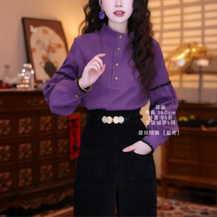 复古港风拼接宽松型衬衫时尚洋气小众女装长袖衬衣