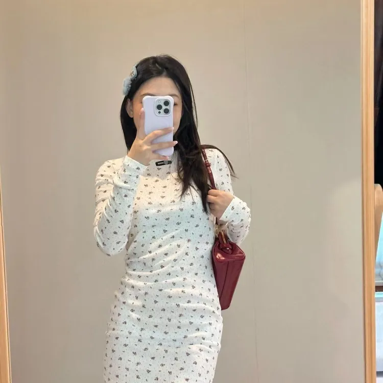 缪系新品学院风少女可叠穿波点碎花长袖打底内搭显瘦修身连衣裙