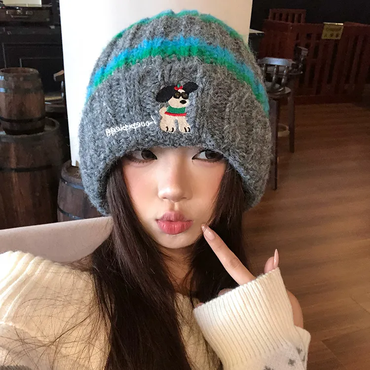 日系卡通刺绣小狗毛线针织帽子女款秋冬季新款百搭时尚大头围冷帽