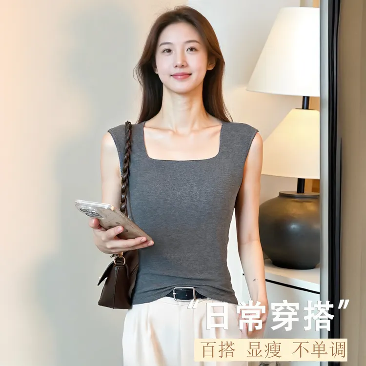 螺纹夏季修身方领黑色通勤显瘦背心女时尚气质无袖飞飞袖外穿上衣