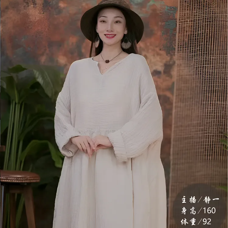 静一棉麻【鸿洛】宽松百搭文艺亚麻纯色长款禅意中国风麻料连衣裙