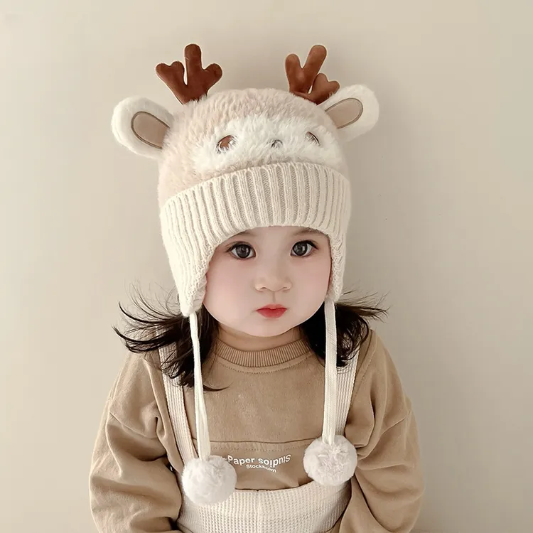 宝宝帽子秋冬季毛线帽护耳帽男童女婴儿韩版冬天毛绒加厚套头保暖