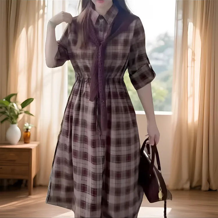 新款气质收腰显瘦复古格子连衣裙早秋套装女2025新款爆款洋气