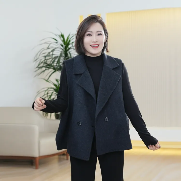 绵羊毛双面呢马甲女大码显瘦气质保暖两粒扣秋季背心毛呢外套外搭