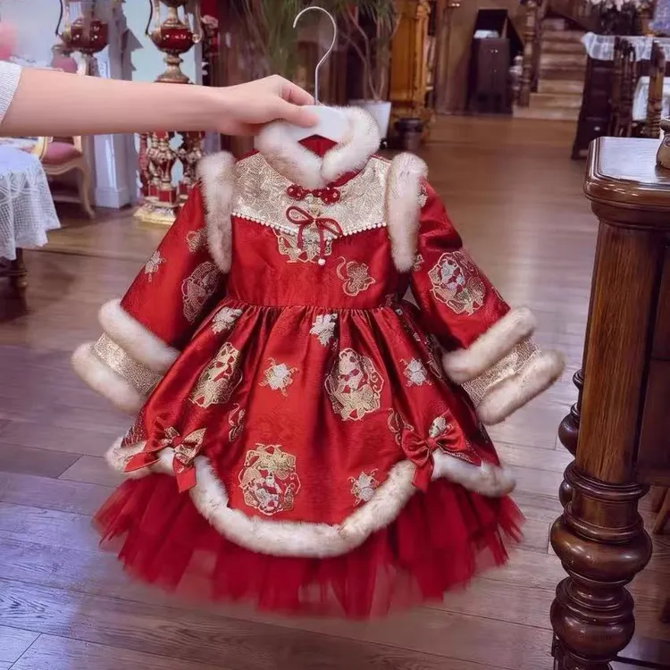 女童加绒旗袍裙冬2025新款儿童国风织锦提花拜年服洛丽塔公主裙子
