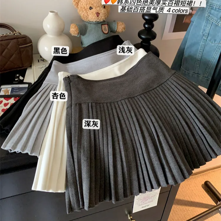 韩系秋冬设计感灰色毛呢百褶半身裙女厚实高腰a字小个子百搭短裙