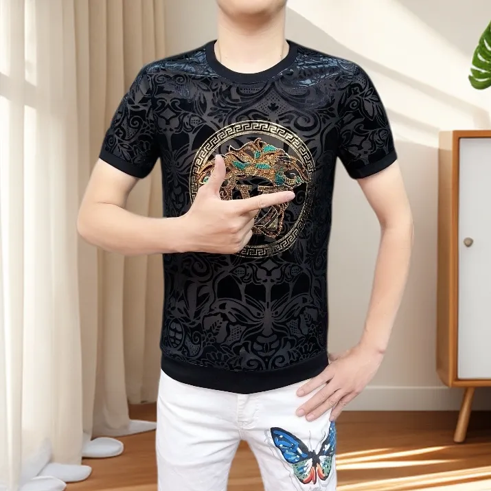 欧洲站夏季新款男士男款轻奢高品质冰丝镂空修身薄款圆领短袖