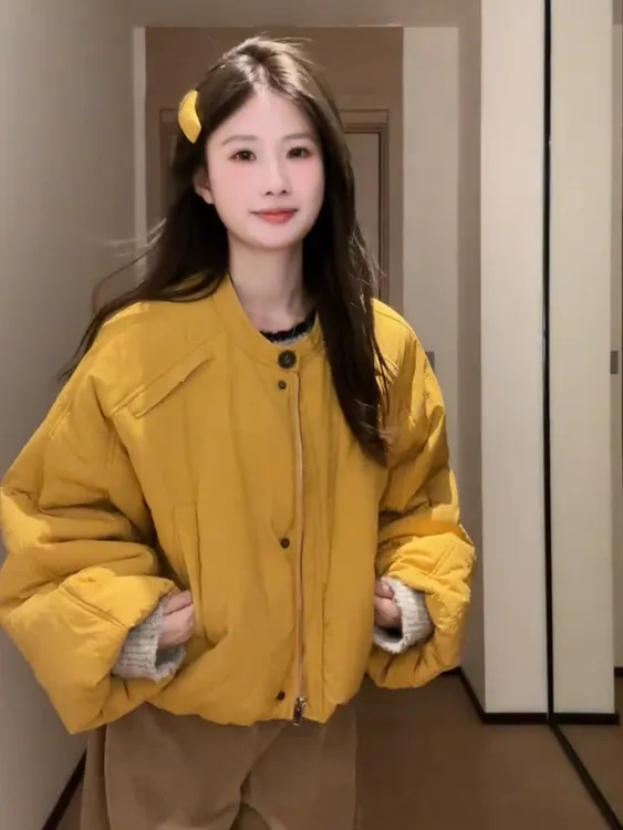 韩系圆领花苞袖短款棉服女冬季宽松保暖小个子夹棉外套洋气小棉袄