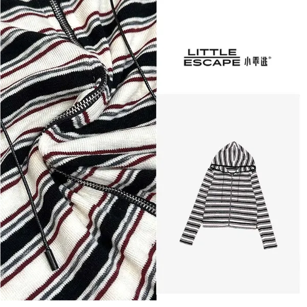 小乖逃休闲时尚小条纹外套开衫T恤条纹连帽灰紫条纹百搭T8028