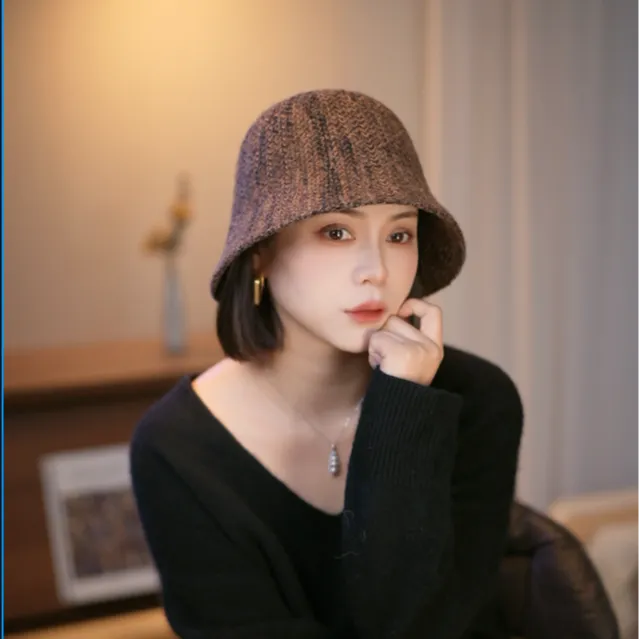 韩版混色针织水桶帽子女秋冬百搭显脸小毛线复古保暖渔夫帽