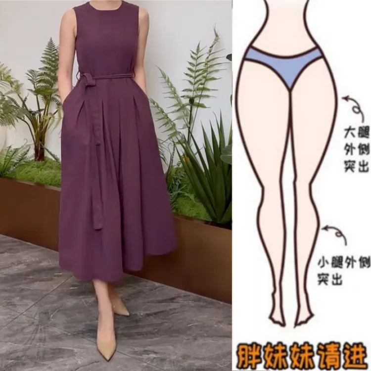 梨型身材夏季薄款圆领宽松显瘦淑女风时尚无袖收腰时尚亚麻连衣裙