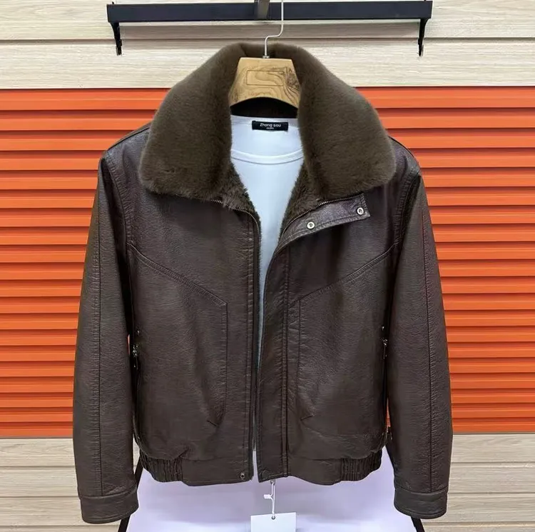 新款高端男士翻领休闲加绒皮衣夹克外套男