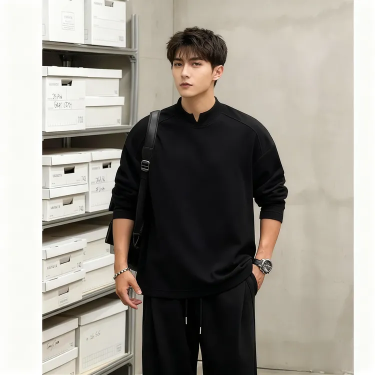 日常极简德绒长袖纯色V领穿搭男士秋季保暖内搭打底衫