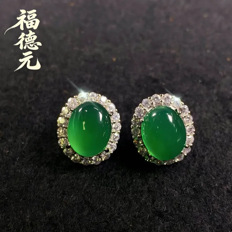 铜合金琉璃耳饰 复古气质湖绿妈妈款女士耳钉气质时尚绿蛋面精美