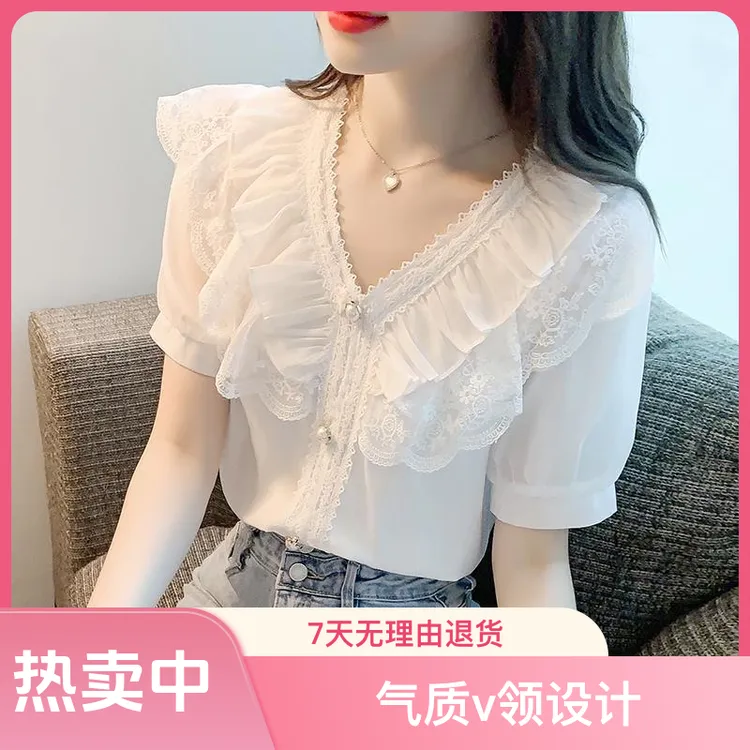 纯色短袖蕾丝衬衫韩版镶钻雪纺衫时尚小衫多巴胺穿搭气质白色洋气