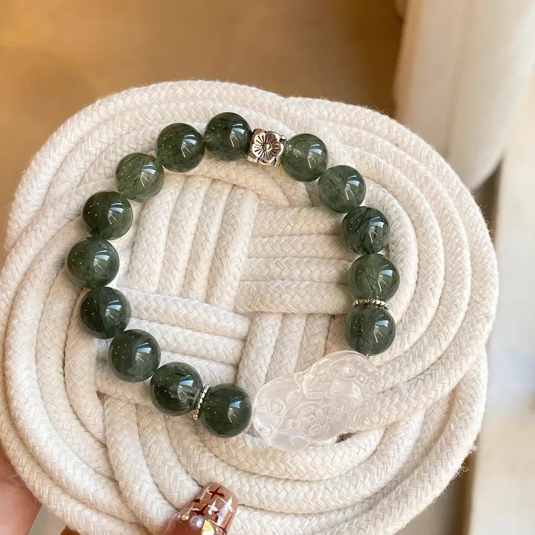 2025原创设计天然绿发晶招财转运手串白水晶貔貅手链小众喜木火女