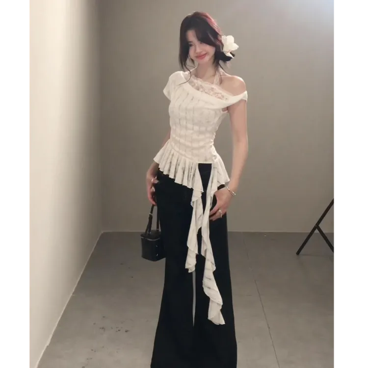 MARIE.COCO扎染露肩不规则女夏季收腰荷叶边显瘦上衣时尚长裤套装