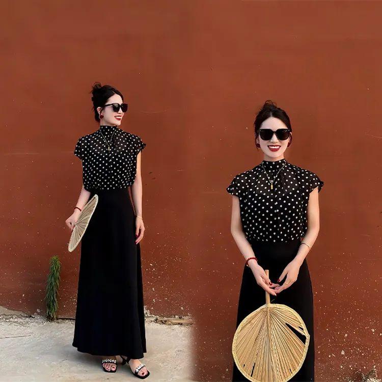 2025夏季法式高级感立领飘带波点短袖衬衫洋气百搭黑色半身裙套装