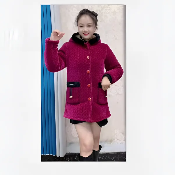 连帽口袋宽松型厚款中老年女装宽松秋冬中长款女装