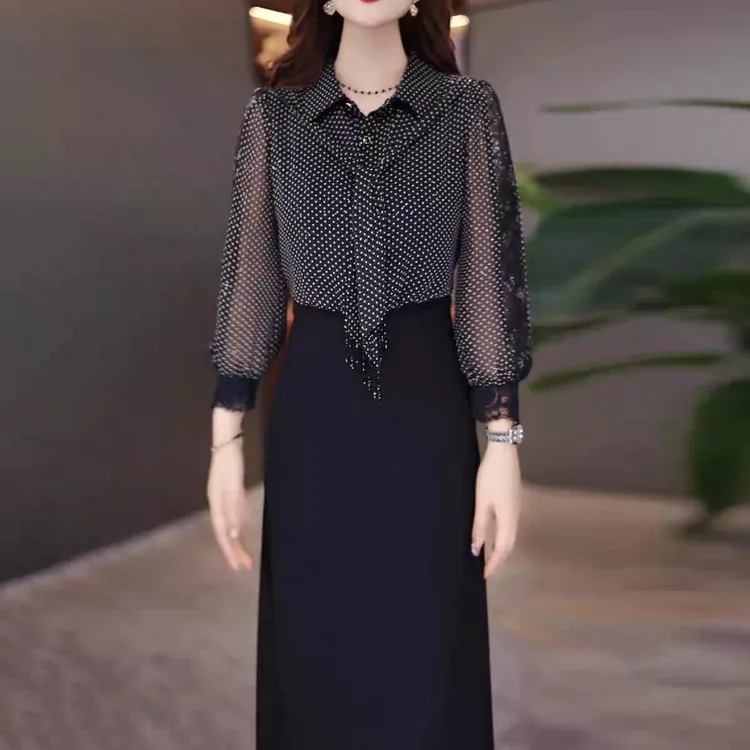 优雅时尚水晶琉璃丝假两件遮肉裙子2025秋中长款遮肚子显瘦连衣裙