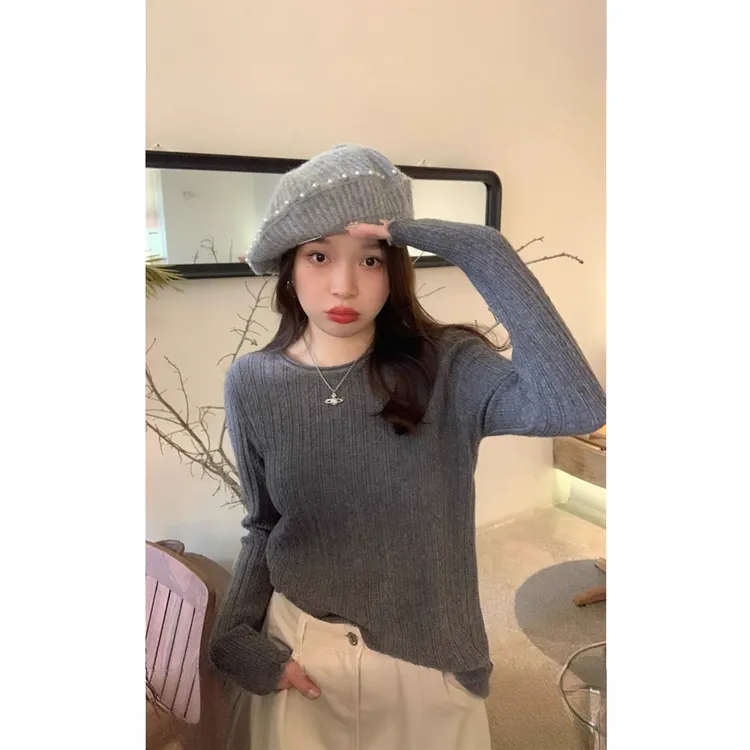 显瘦打底衫女秋冬高级感内搭针织衫上衣2025新款春秋款木耳边毛衣