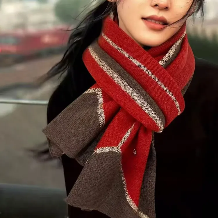 山羊绒金丝线拼色橘红色140*25长巾围巾搭配披肩外搭秋冬保暖I110