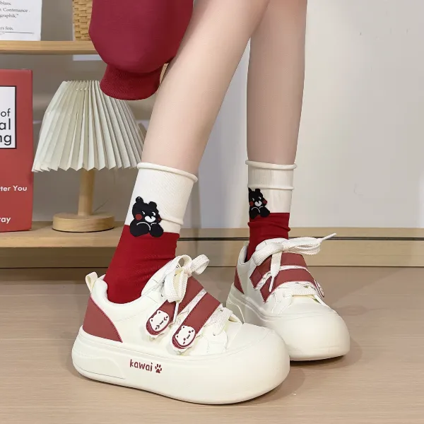 人本酒红色大头帆布鞋女皮面透气2025新款爆款百搭软底厚底小白鞋