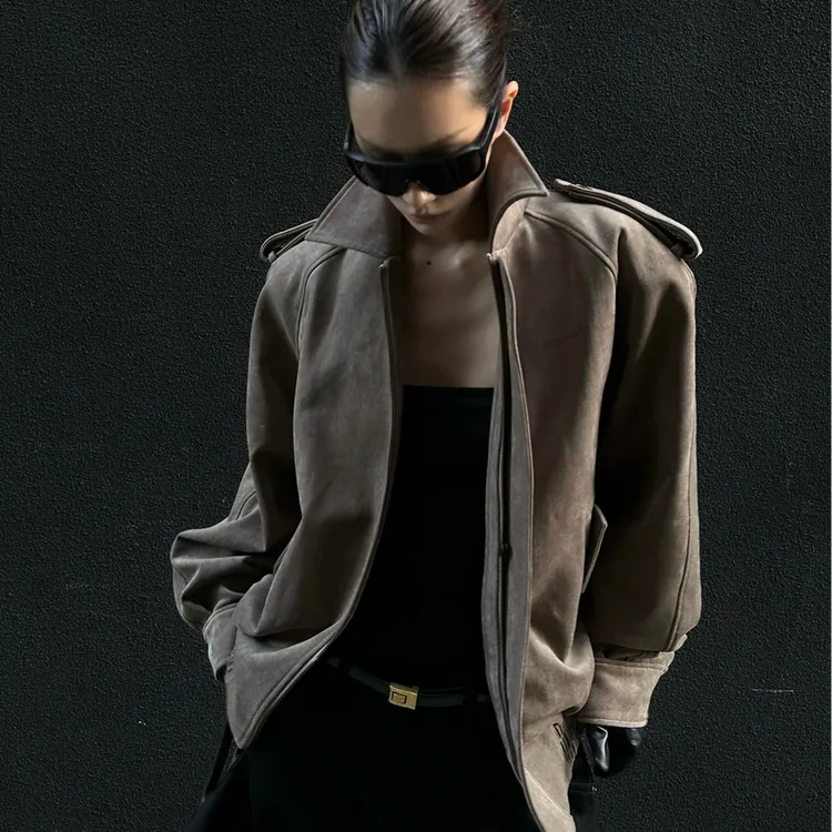 0122stepll 城市牧歌 咖色外套女美式复古宽松设计感翻领夹克