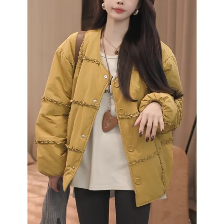 设计感花边方格棉服女2025冬季新款时尚宽松百搭小个子保暖外套