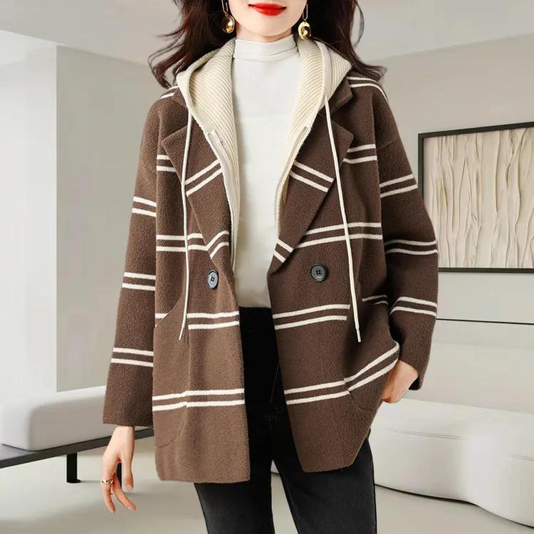 慵懒风毛呢可拆卸连帽外套女2025秋冬新款时尚条纹假两件休闲上衣