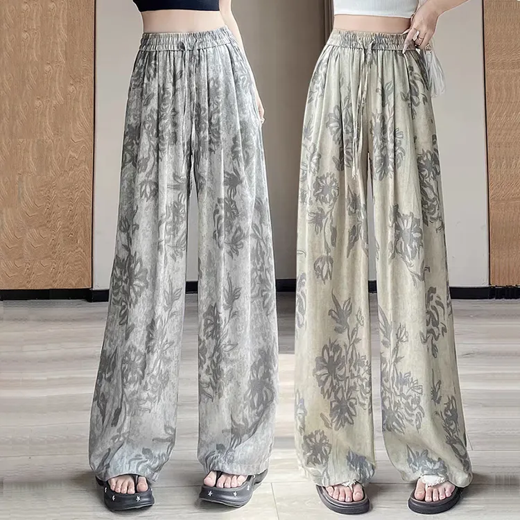 直筒裤阔腿裤印花宽松裤花裤子夏季薄款垂感扎染显瘦拖地印花长裤