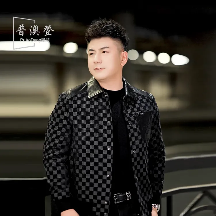 2025男士夹克秋冬新款时尚潮流百搭休闲刺绣棋盘格拼牛皮加棉外套