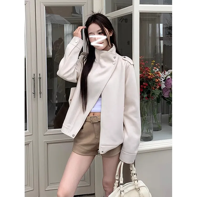 法式麂皮绒外套女春季米白色复古廓形工装设计感机车宽松夹克上衣