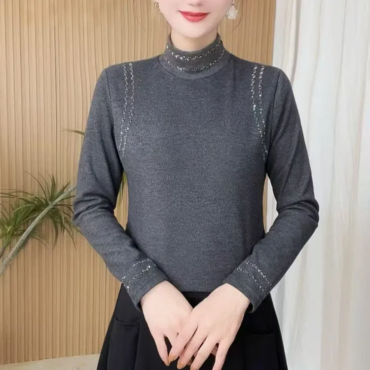 2025冬季新品女士烫钻半高领内搭修身显瘦磨毛加绒弹力洋气衬衫