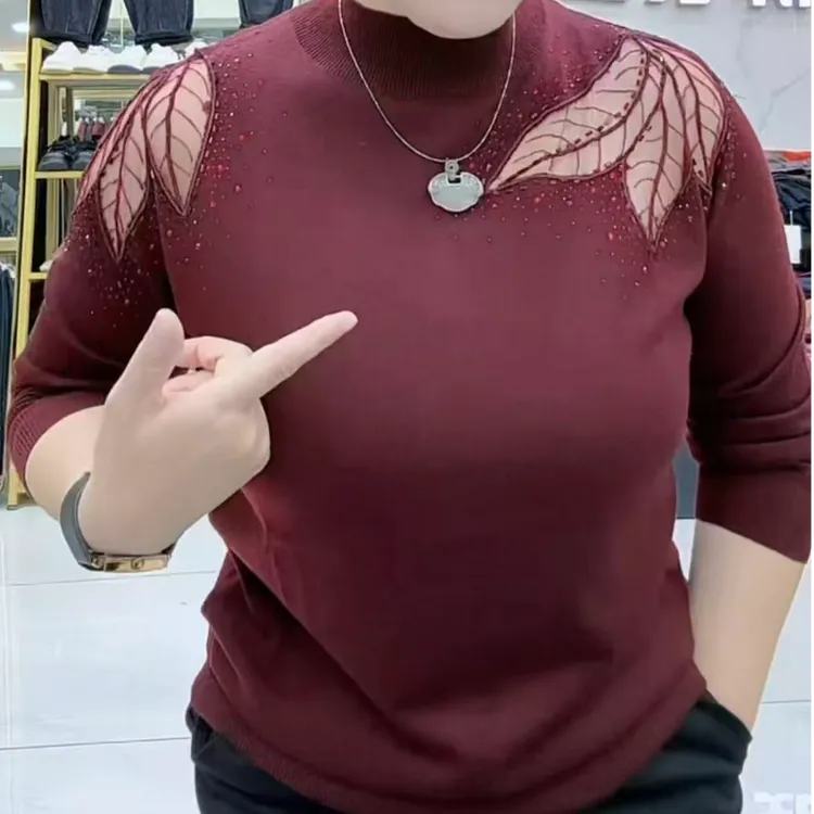 秋冬女士毛衣针织衫打底衫半高领显瘦树叶镂空