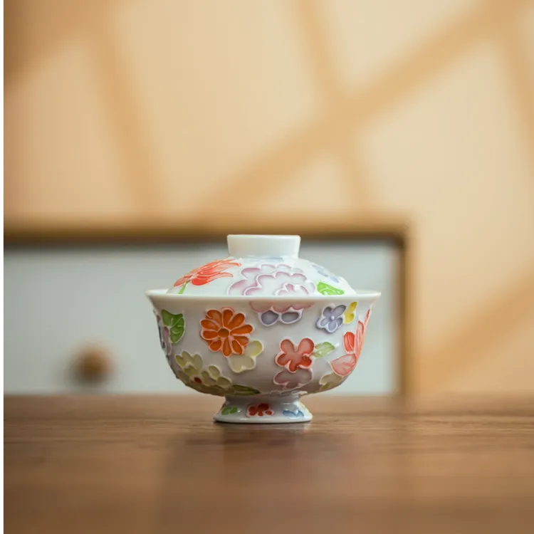 景德镇仿古釉万花二才满彩盖碗高档带盖茶碗家用茶盖碗功夫茶具