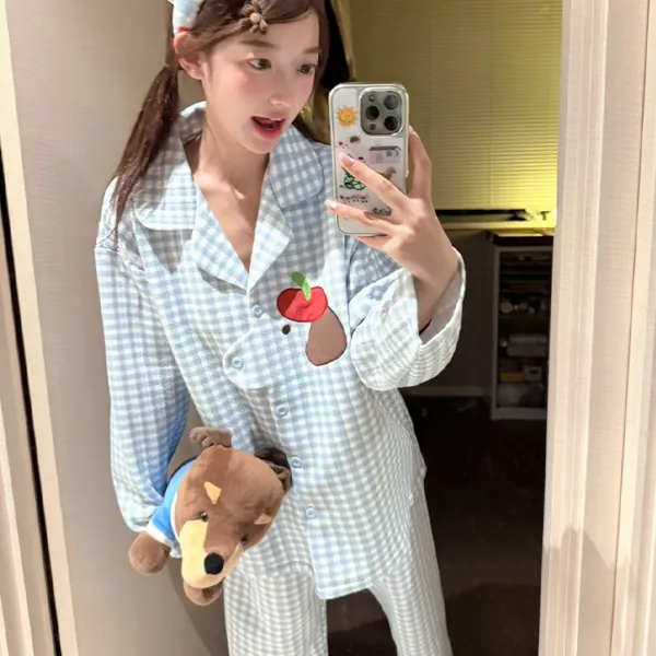 睡衣女秋冬季空气棉夹层加厚长袖格子学生保暖可爱卡通家居服套装