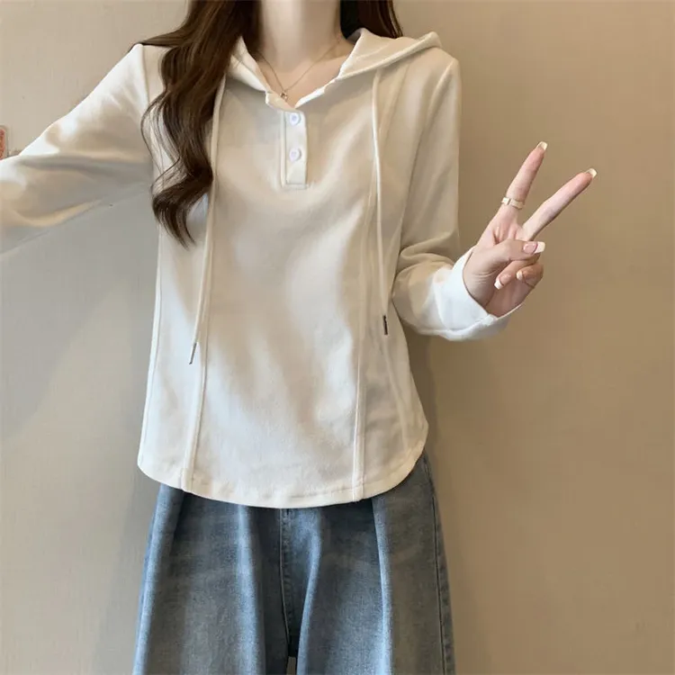 棉春秋连帽内搭长袖t恤女大码遮肚休闲胖mm显瘦纽扣上衣打底衫ins
