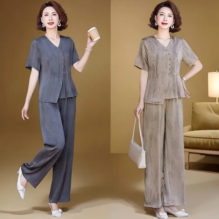 妈妈装夏装40-50岁洋气套装夏季短袖T恤上衣中老年女装气质两件套
